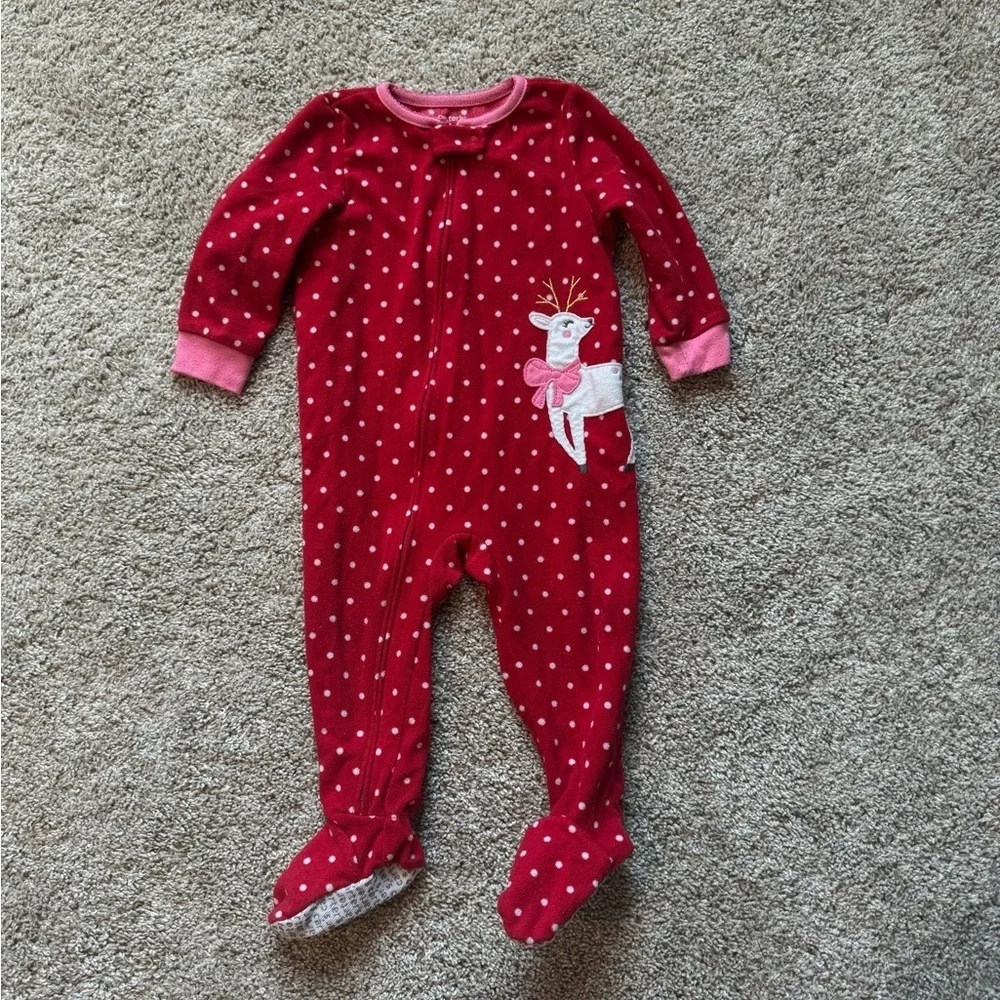 Carter’s Red Polka Dot Reindeer Footed Pajamas Fleece Pj's size 18 months